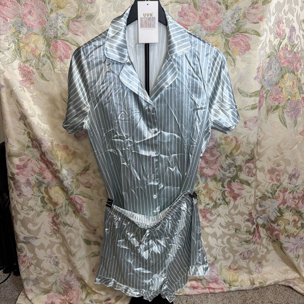 Women's Short Sleeve Pajamas Set Striped Satin Sleepwear Homewear Nightwear